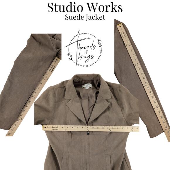 Studio Works Jacket Women's 4p Faux Suede Beige Riding Zip Lined Pockets Classic - Picture 9 of 12